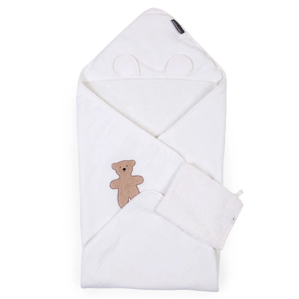Outlet Childhome Baby Badcape + Washandje - 80X80 Cm - Mousseline / Terry Teddy