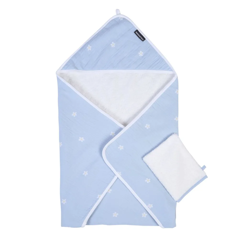 Best Sale Childhome Baby Badcape + Washandje - 80X80 Cm - Tetra Bloemetjes - Lichtblauw