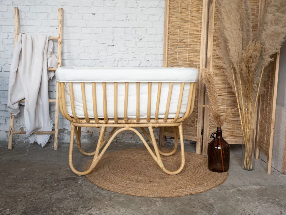 New Childhome Rattan Wieg Rechthoekig - 90X50X70 Cm + Jersey Omrander Ecru - Matras - 81X42X5 Cm
