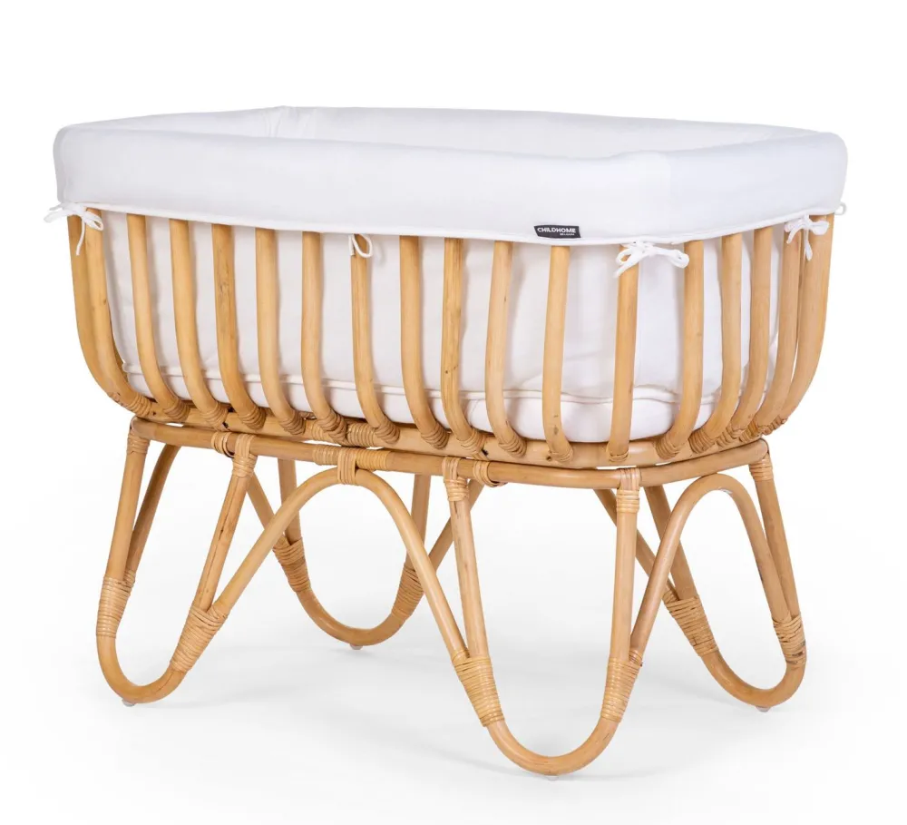 New Childhome Rattan Wieg Rechthoekig - 90X50X70 Cm + Jersey Omrander Ecru - Matras - 81X42X5 Cm